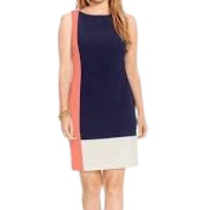 LAUREN RALPH LAUREN Navy/Coral/Beige Colorblock Sleeveless Shift Dress - Size 10